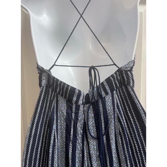 Lulus Suncrest Navy Blue Striped Backless Wide-Leg Jumpsuit Size XS Front Slit - Picture 11 of 15